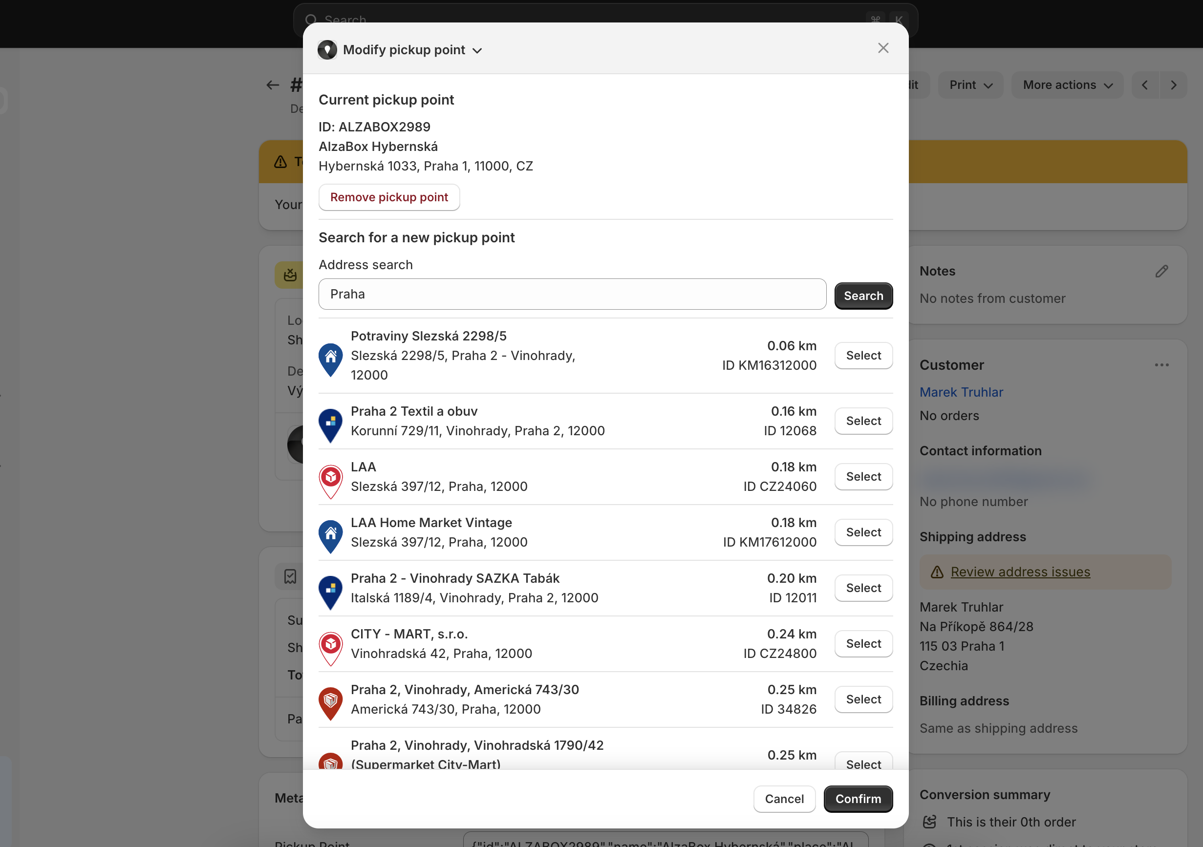 Modify pickup point from admin - now with an address search and the nearest points suggested